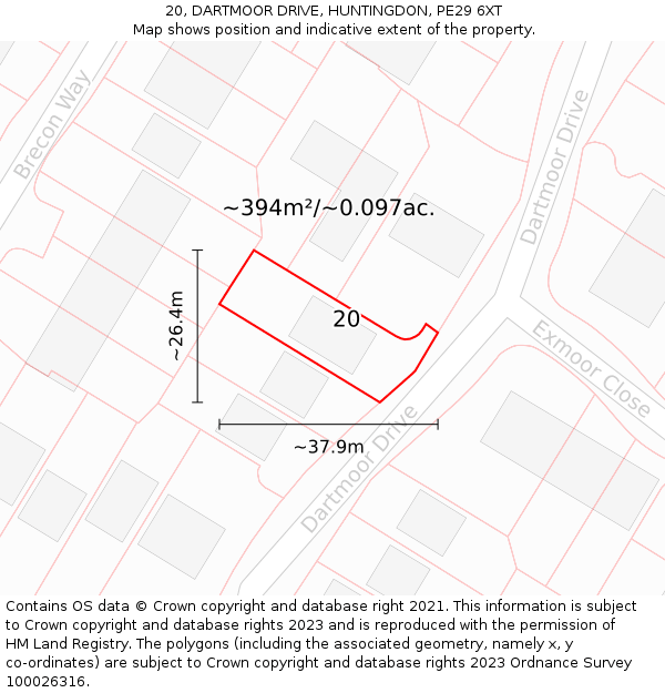 20, DARTMOOR DRIVE, HUNTINGDON, PE29 6XT: Plot and title map