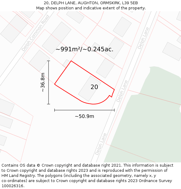 20, DELPH LANE, AUGHTON, ORMSKIRK, L39 5EB: Plot and title map