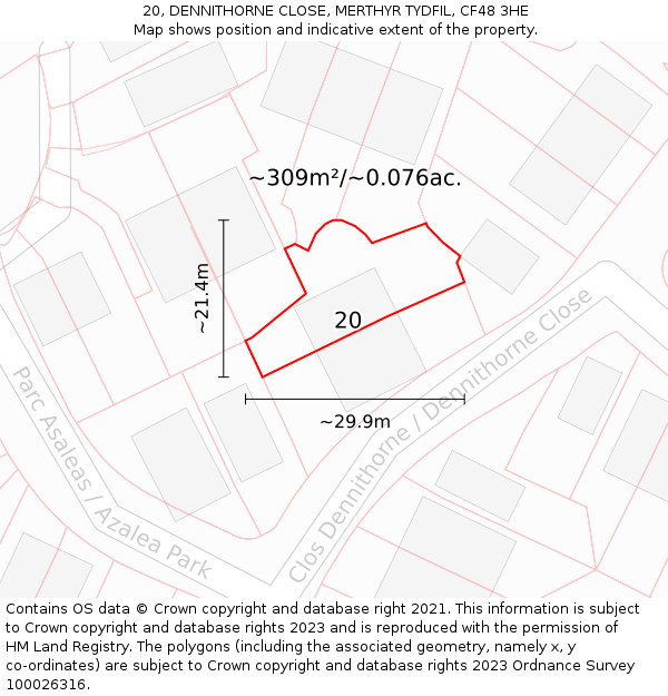 20, DENNITHORNE CLOSE, MERTHYR TYDFIL, CF48 3HE: Plot and title map