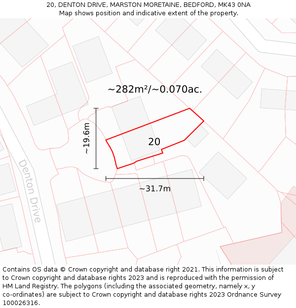 20, DENTON DRIVE, MARSTON MORETAINE, BEDFORD, MK43 0NA: Plot and title map