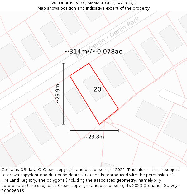 20, DERLIN PARK, AMMANFORD, SA18 3QT: Plot and title map