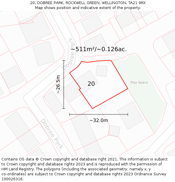 20, DOBREE PARK, ROCKWELL GREEN, WELLINGTON, TA21 9RX: Plot and title map