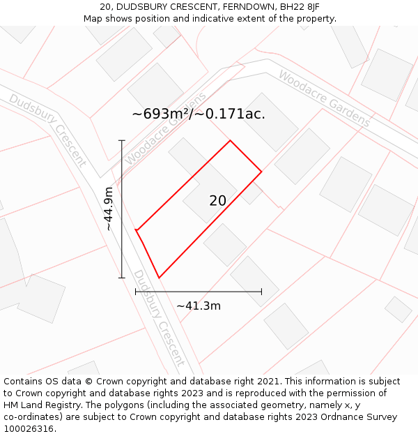 20, DUDSBURY CRESCENT, FERNDOWN, BH22 8JF: Plot and title map