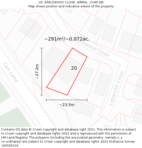20, EARLSWOOD CLOSE, WIRRAL, CH46 6JR: Plot and title map