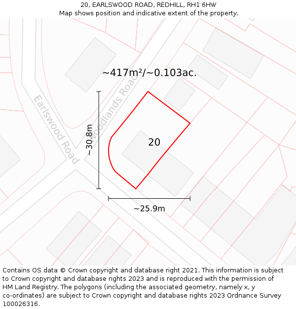 20, EARLSWOOD ROAD, REDHILL, RH1 6HW: Plot and title map
