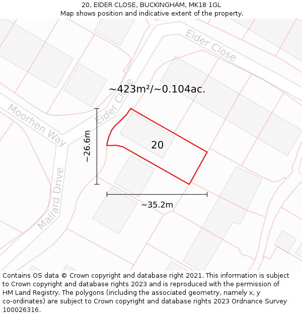 20, EIDER CLOSE, BUCKINGHAM, MK18 1GL: Plot and title map