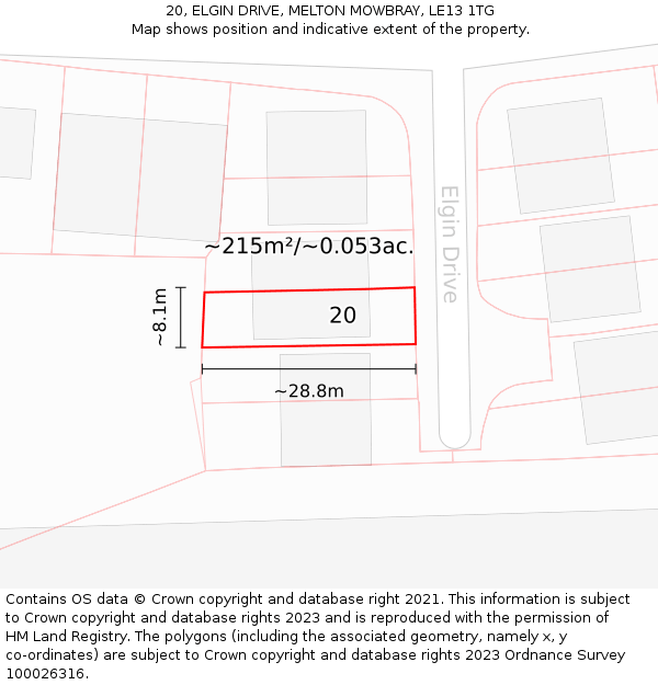 20, ELGIN DRIVE, MELTON MOWBRAY, LE13 1TG: Plot and title map