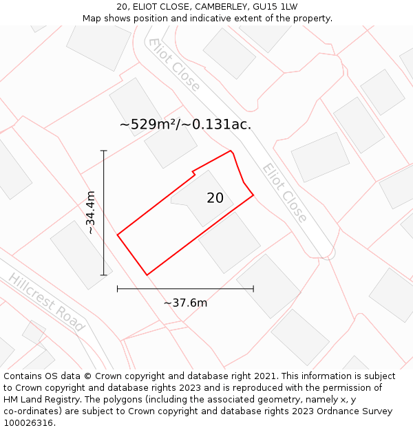 20, ELIOT CLOSE, CAMBERLEY, GU15 1LW: Plot and title map