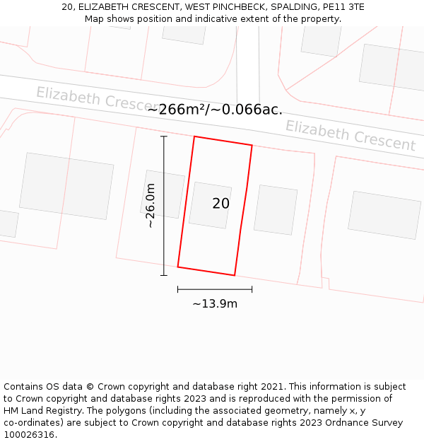 20, ELIZABETH CRESCENT, WEST PINCHBECK, SPALDING, PE11 3TE: Plot and title map