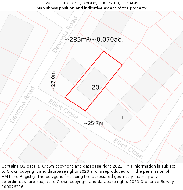 20, ELLIOT CLOSE, OADBY, LEICESTER, LE2 4UN: Plot and title map