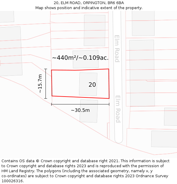 20, ELM ROAD, ORPINGTON, BR6 6BA: Plot and title map