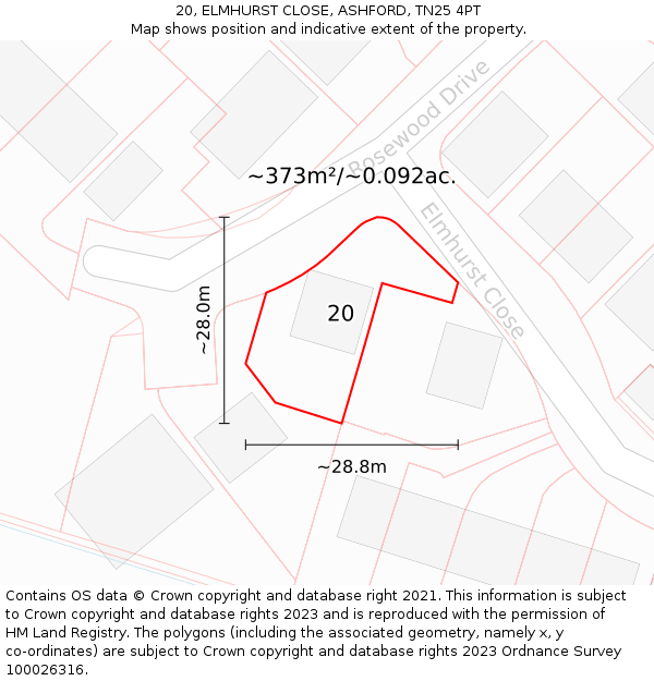 20, ELMHURST CLOSE, ASHFORD, TN25 4PT: Plot and title map