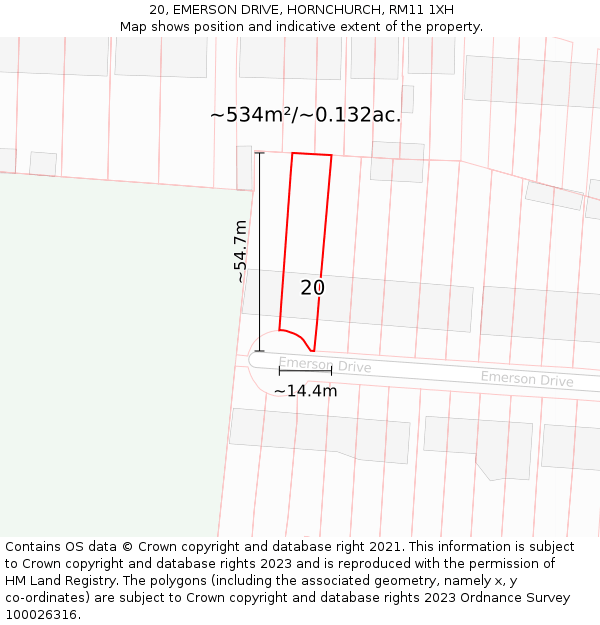 20, EMERSON DRIVE, HORNCHURCH, RM11 1XH: Plot and title map