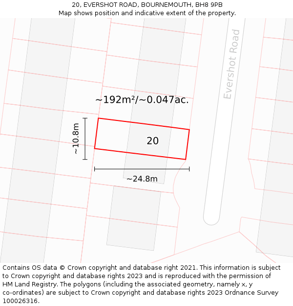 20, EVERSHOT ROAD, BOURNEMOUTH, BH8 9PB: Plot and title map