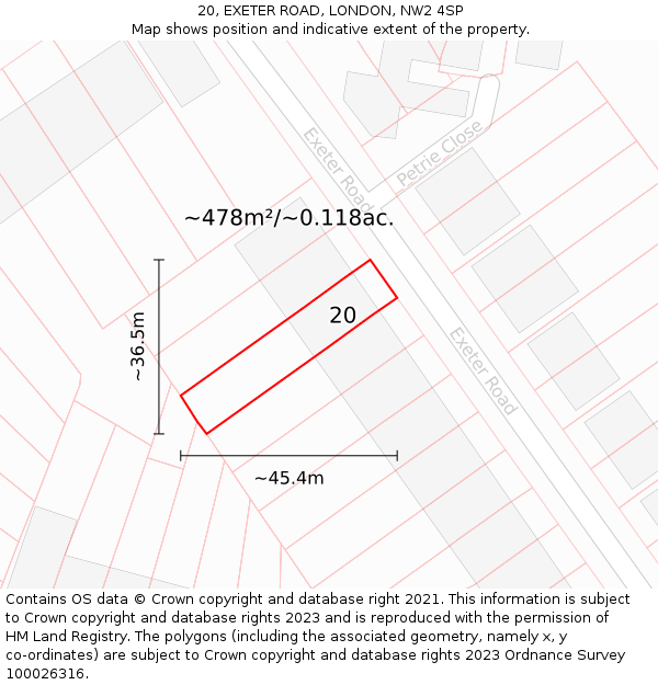 20, EXETER ROAD, LONDON, NW2 4SP: Plot and title map