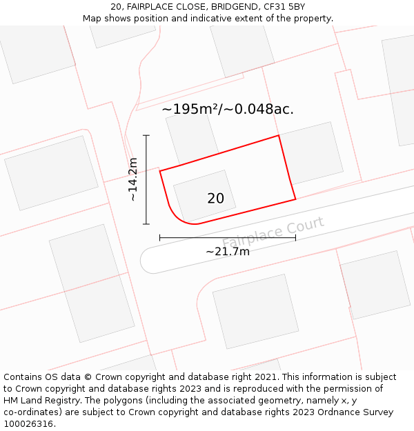 20, FAIRPLACE CLOSE, BRIDGEND, CF31 5BY: Plot and title map