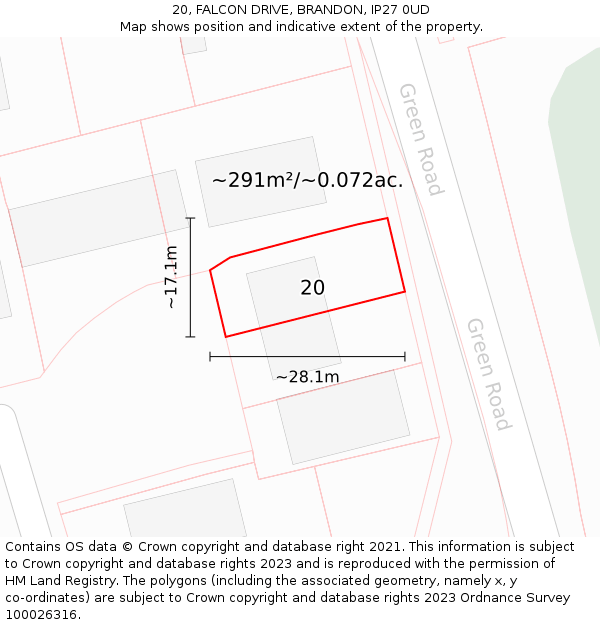 20, FALCON DRIVE, BRANDON, IP27 0UD: Plot and title map