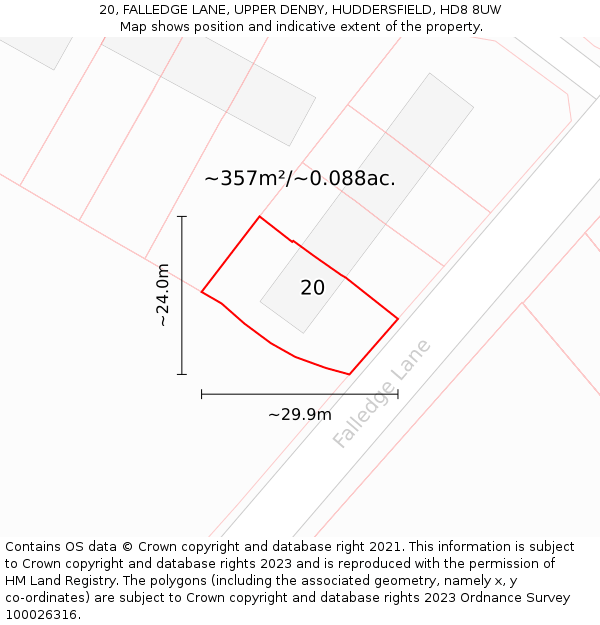 20, FALLEDGE LANE, UPPER DENBY, HUDDERSFIELD, HD8 8UW: Plot and title map