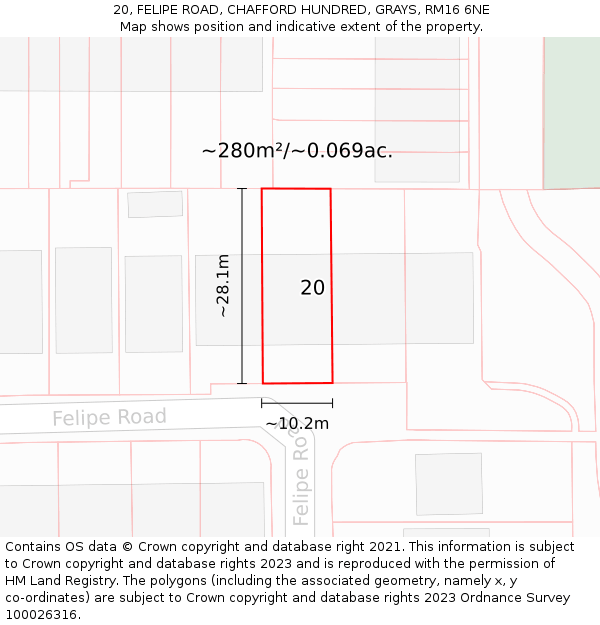 20, FELIPE ROAD, CHAFFORD HUNDRED, GRAYS, RM16 6NE: Plot and title map