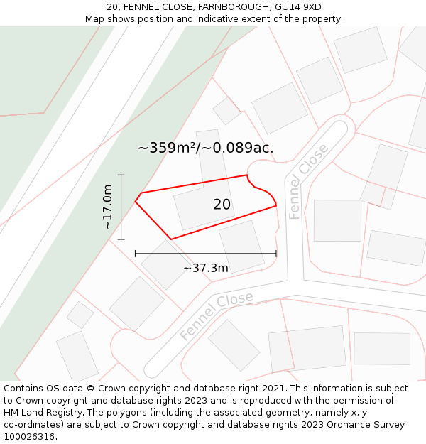 20, FENNEL CLOSE, FARNBOROUGH, GU14 9XD: Plot and title map