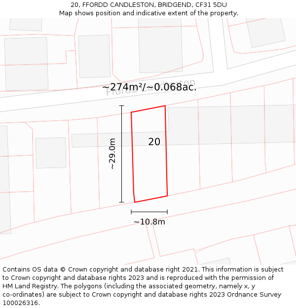 20, FFORDD CANDLESTON, BRIDGEND, CF31 5DU: Plot and title map