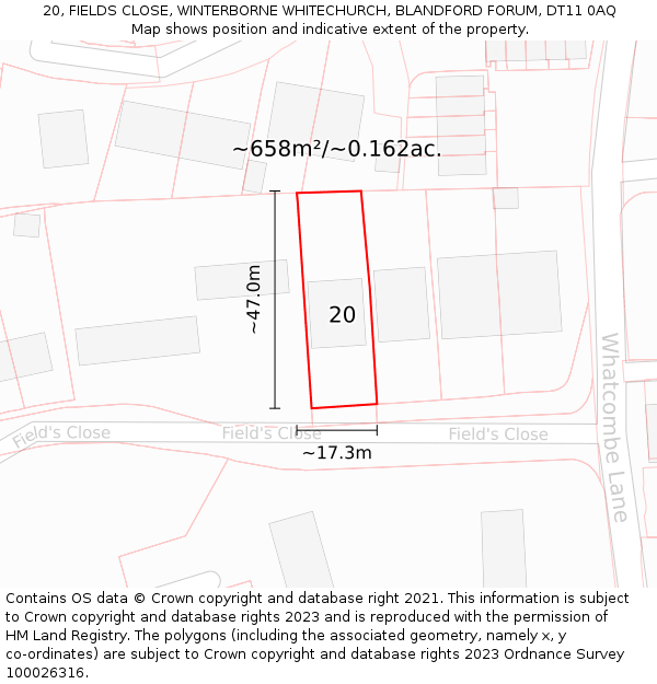20, FIELDS CLOSE, WINTERBORNE WHITECHURCH, BLANDFORD FORUM, DT11 0AQ: Plot and title map