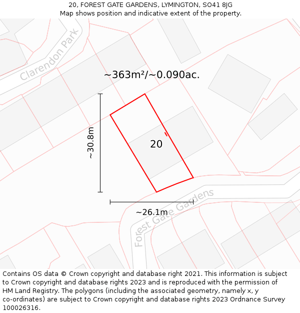 20, FOREST GATE GARDENS, LYMINGTON, SO41 8JG: Plot and title map