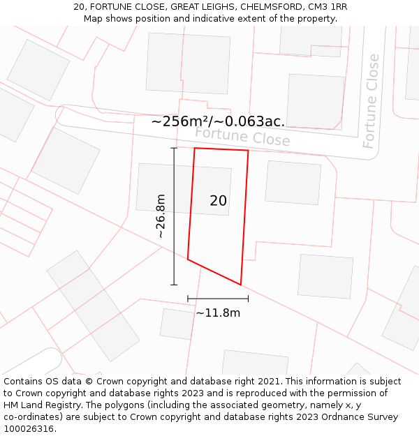 20, FORTUNE CLOSE, GREAT LEIGHS, CHELMSFORD, CM3 1RR: Plot and title map