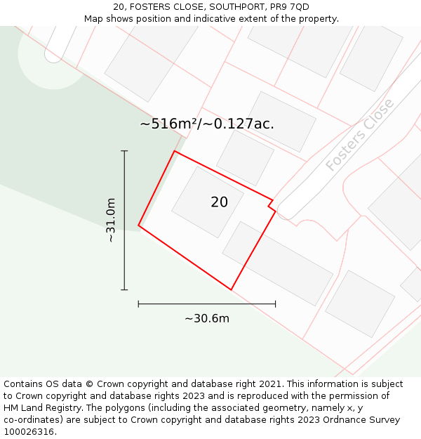 20, FOSTERS CLOSE, SOUTHPORT, PR9 7QD: Plot and title map