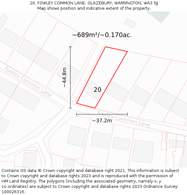 20, FOWLEY COMMON LANE, GLAZEBURY, WARRINGTON, WA3 5JJ: Plot and title map