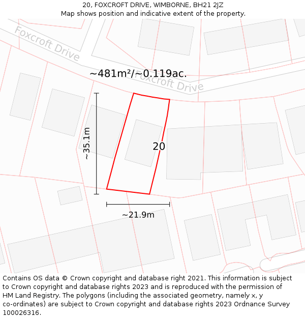 20, FOXCROFT DRIVE, WIMBORNE, BH21 2JZ: Plot and title map