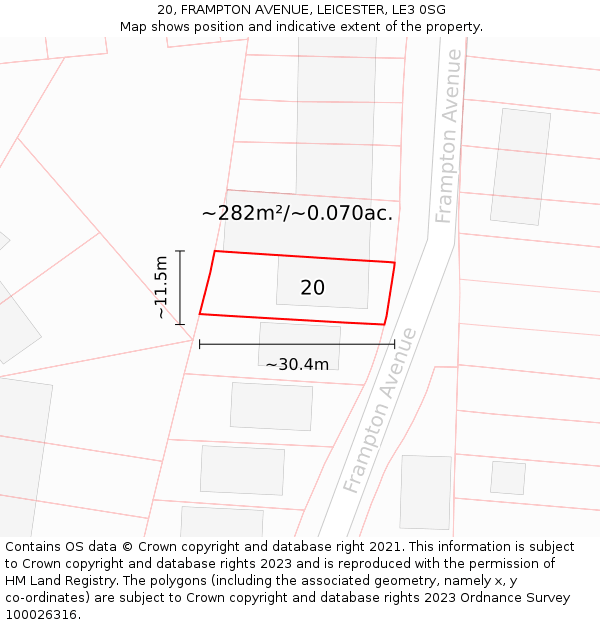 20, FRAMPTON AVENUE, LEICESTER, LE3 0SG: Plot and title map