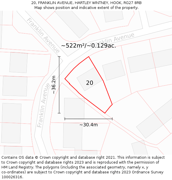 20, FRANKLIN AVENUE, HARTLEY WINTNEY, HOOK, RG27 8RB: Plot and title map