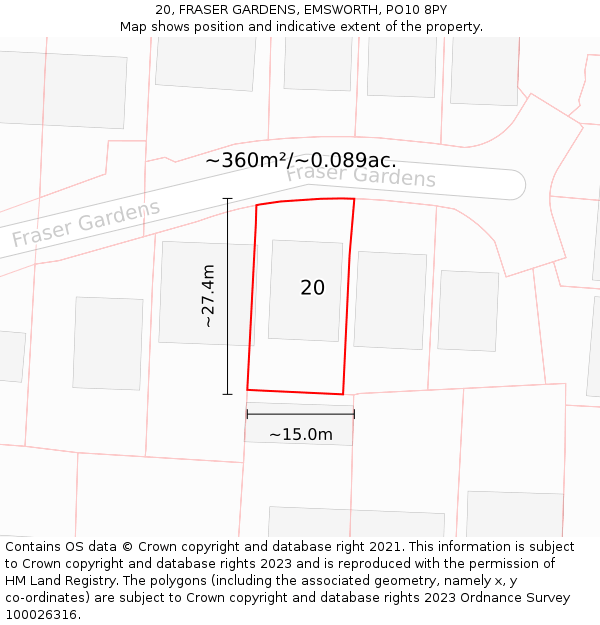 20, FRASER GARDENS, EMSWORTH, PO10 8PY: Plot and title map