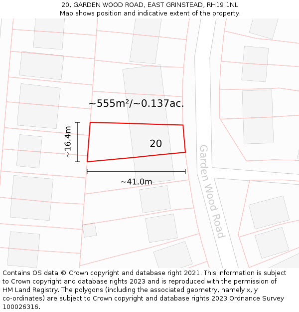 20, GARDEN WOOD ROAD, EAST GRINSTEAD, RH19 1NL: Plot and title map