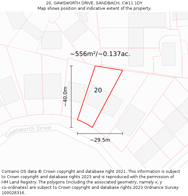 20, GAWSWORTH DRIVE, SANDBACH, CW11 1DY: Plot and title map