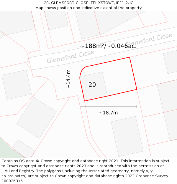 20, GLEMSFORD CLOSE, FELIXSTOWE, IP11 2UG: Plot and title map