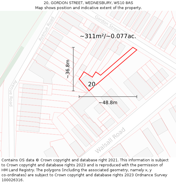 20, GORDON STREET, WEDNESBURY, WS10 8AS: Plot and title map