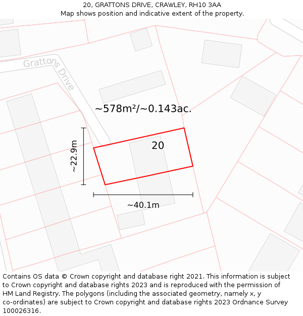 20, GRATTONS DRIVE, CRAWLEY, RH10 3AA: Plot and title map