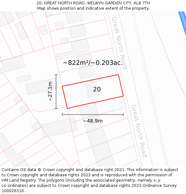 20, GREAT NORTH ROAD, WELWYN GARDEN CITY, AL8 7TH: Plot and title map