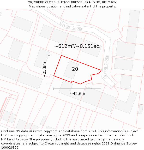 20, GREBE CLOSE, SUTTON BRIDGE, SPALDING, PE12 9RY: Plot and title map