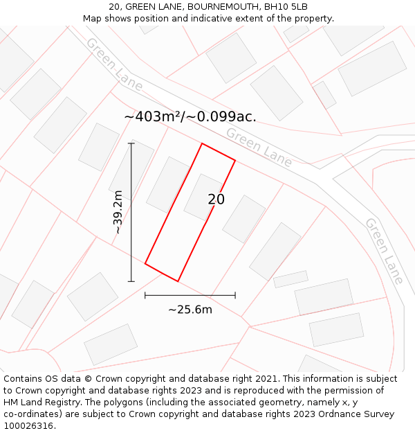 20, GREEN LANE, BOURNEMOUTH, BH10 5LB: Plot and title map