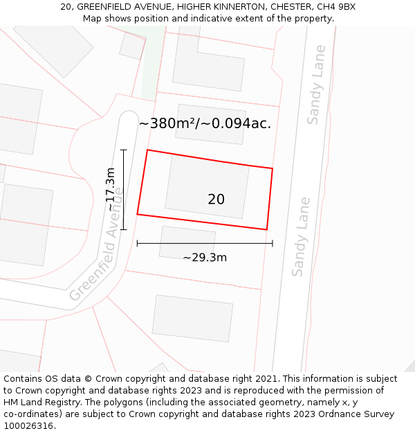 20, GREENFIELD AVENUE, HIGHER KINNERTON, CHESTER, CH4 9BX: Plot and title map