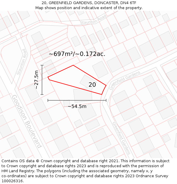 20, GREENFIELD GARDENS, DONCASTER, DN4 6TF: Plot and title map