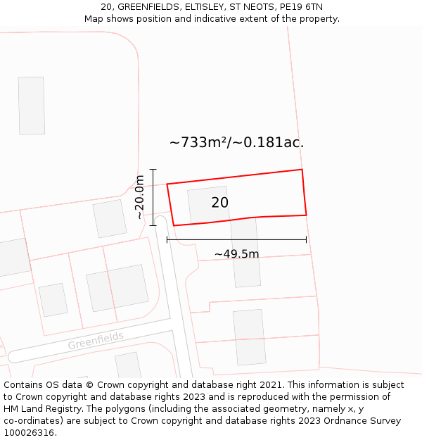 20, GREENFIELDS, ELTISLEY, ST NEOTS, PE19 6TN: Plot and title map