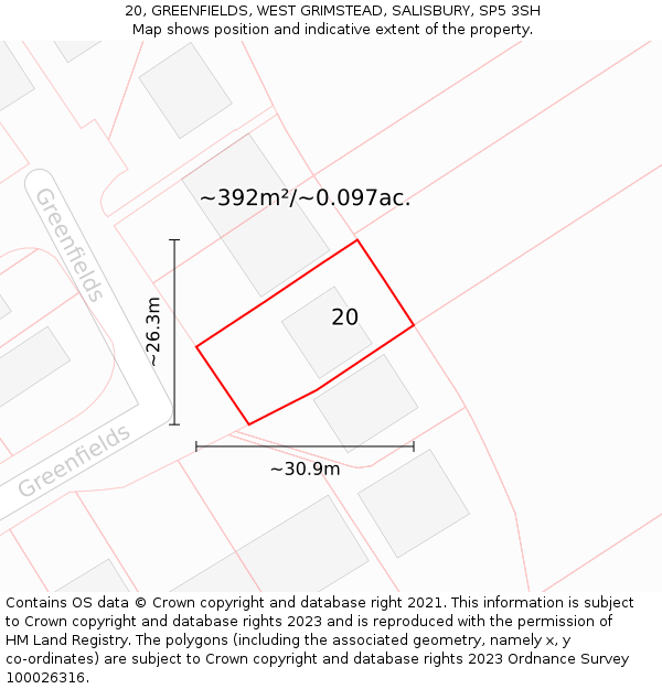 20, GREENFIELDS, WEST GRIMSTEAD, SALISBURY, SP5 3SH: Plot and title map