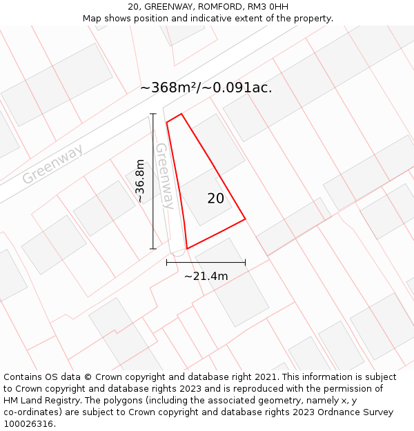 20, GREENWAY, ROMFORD, RM3 0HH: Plot and title map