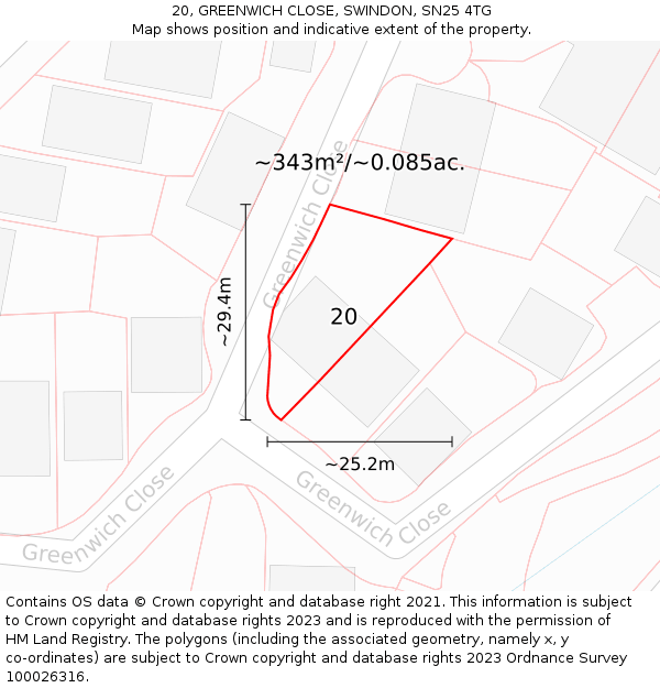 20, GREENWICH CLOSE, SWINDON, SN25 4TG: Plot and title map