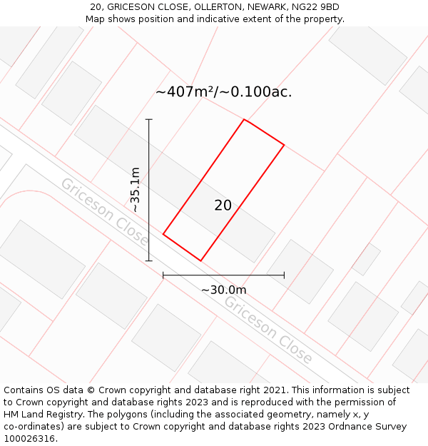 20, GRICESON CLOSE, OLLERTON, NEWARK, NG22 9BD: Plot and title map