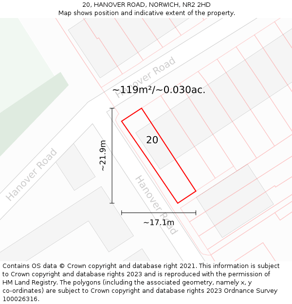 20, HANOVER ROAD, NORWICH, NR2 2HD: Plot and title map